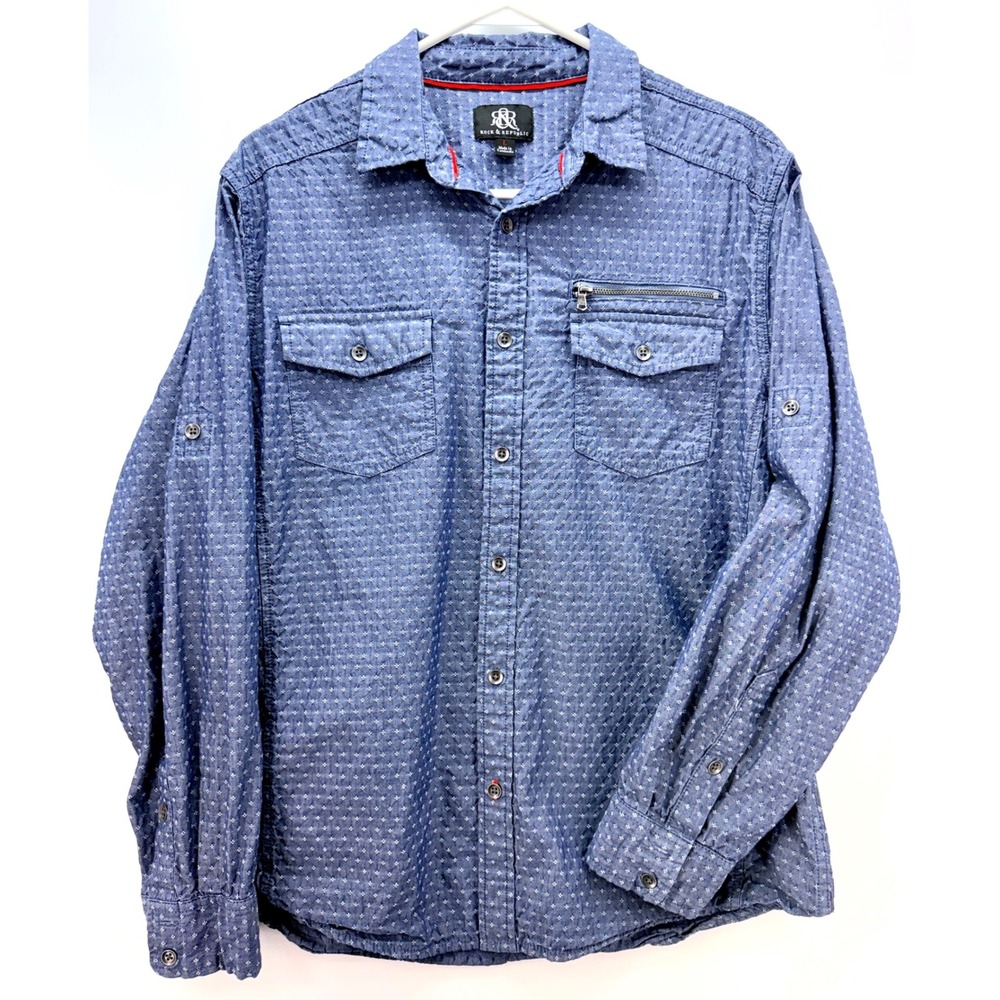 Rock & Republic Blue Button Up Shirt Sz L Dotted Indie Workwear Y2K Utility